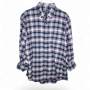 Lands End‎ Mens Flannel Shirt Large Traditional Fit Navy Red Plaid Button Down